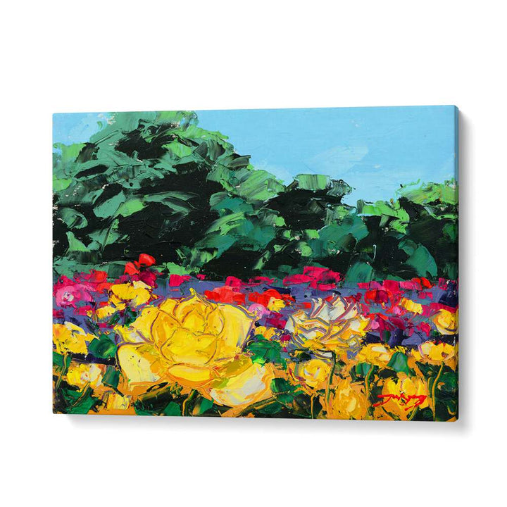 Vibrant WILD ROSE CANVAS, FLORAL FLOWER PAINTINGS featuring colorful blooms against a lush green background.
