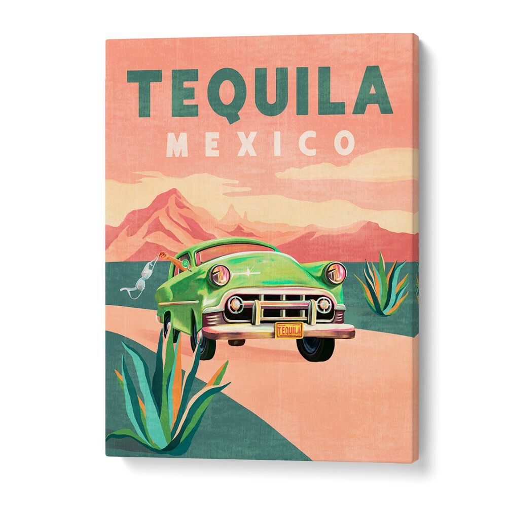 Vibrant TEQUILA MEXICO, TRAVEL POSTERS showcasing a classic car against stunning landscapes, perfect for decor enthusiasts.
