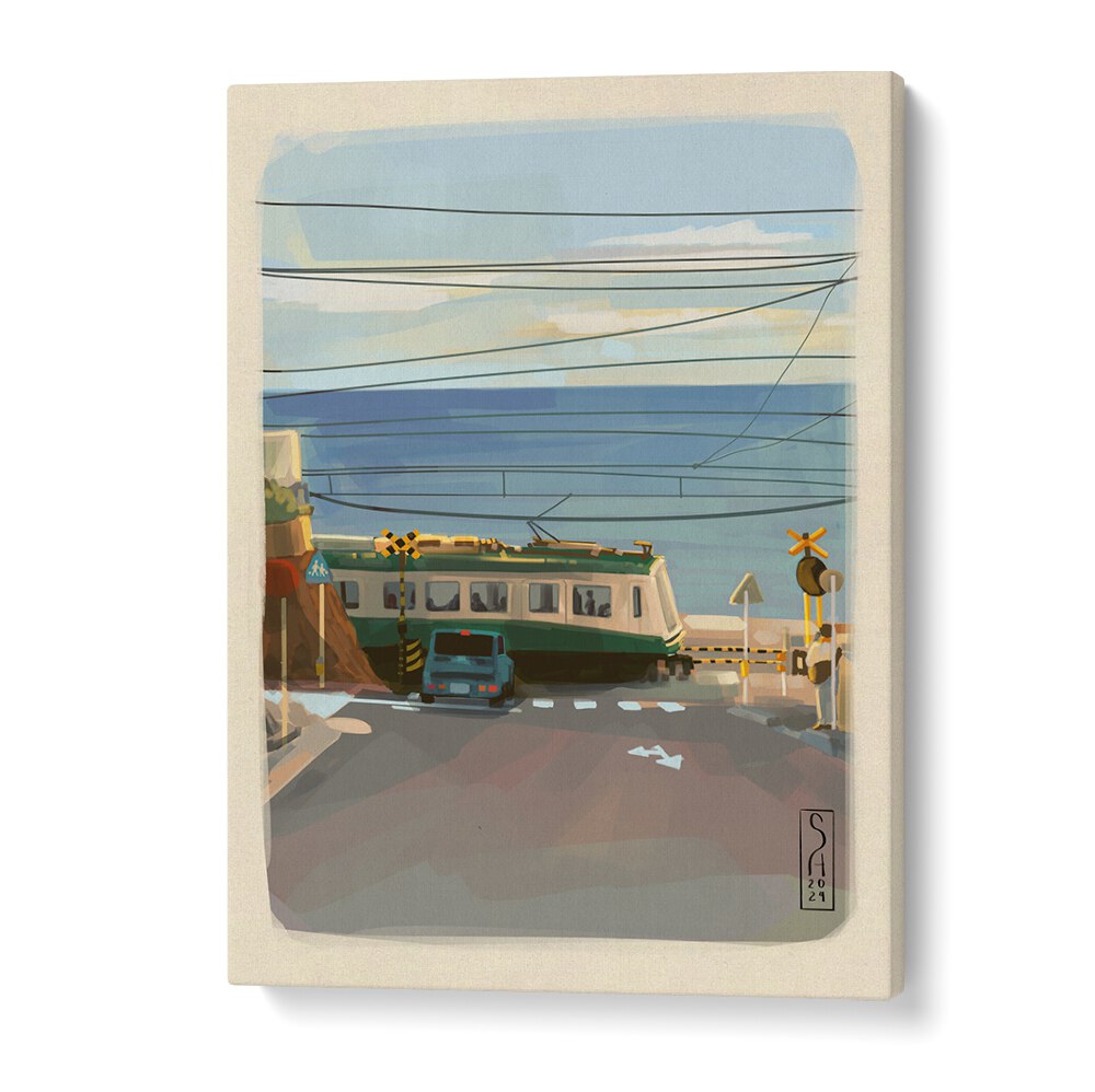 Serene coastal view featuring a tram, showcasing ENOSHIMA, LANDSCAPE PAINTINGS for a stunning home transformation.