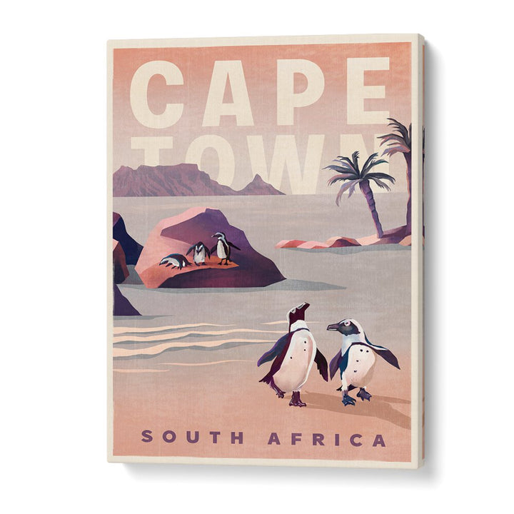 Vintage travel poster featuring penguins in Cape Town, South Africa, ideal for art lovers and travel enthusiasts. CAPE TOWN SOUTH AFRICA , TRAVEL POSTERS.