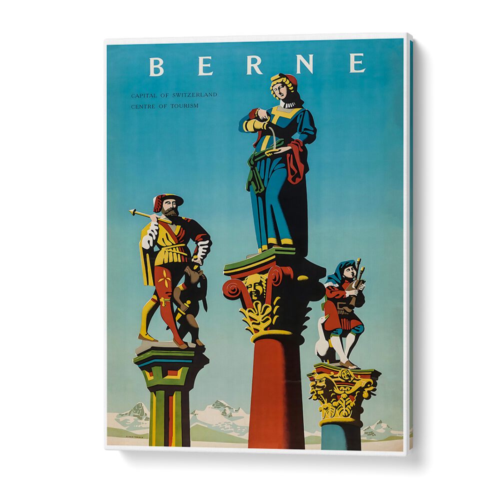 Colorful BERNE, VINTAGE TRAVEL POSTERS showcasing iconic figures, perfect for adding nostalgia to your decor.