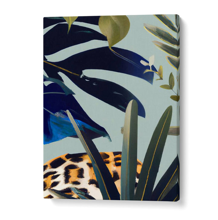HIDDEN LEOPARD, FLORAL FLOWER PAINTINGS blend lush tropical leaves and a hidden leopard for vibrant wall art decor.