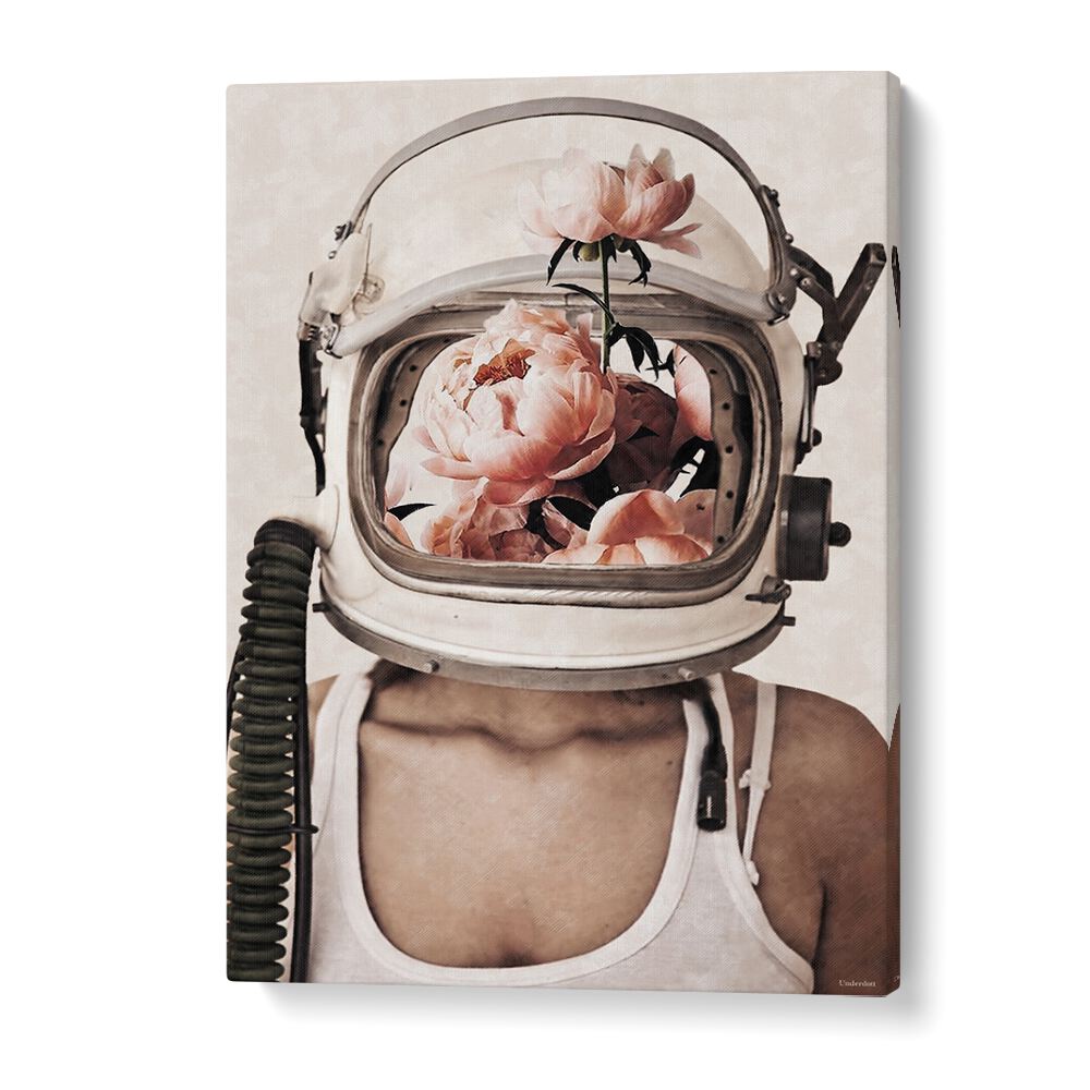 Surreal art print SPACE BLOOM by Underdott features flowers in an astronaut helmet, inviting imaginative exploration.
