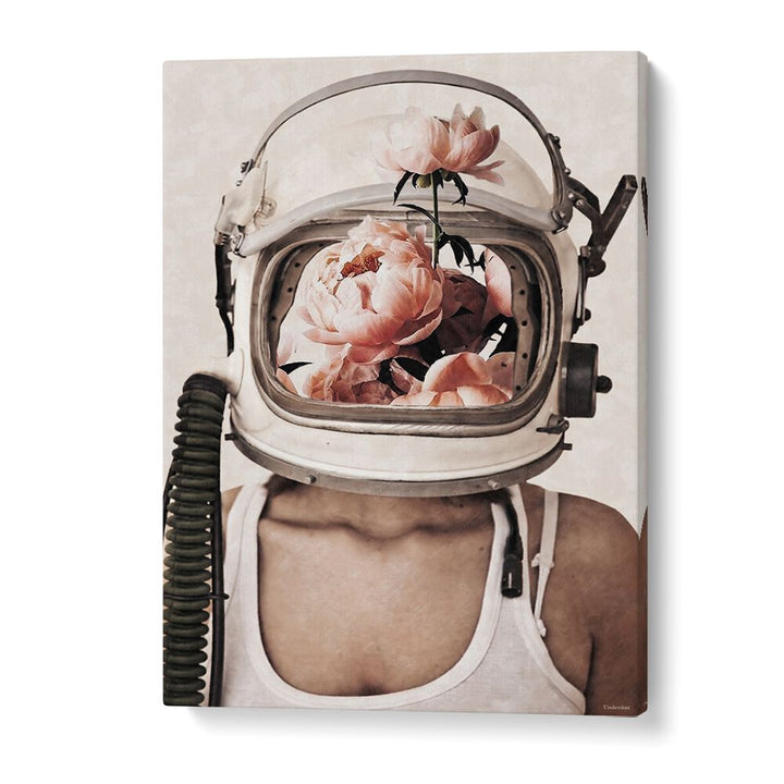 Surreal art print SPACE BLOOM by Underdott features flowers in an astronaut helmet, inviting imaginative exploration.