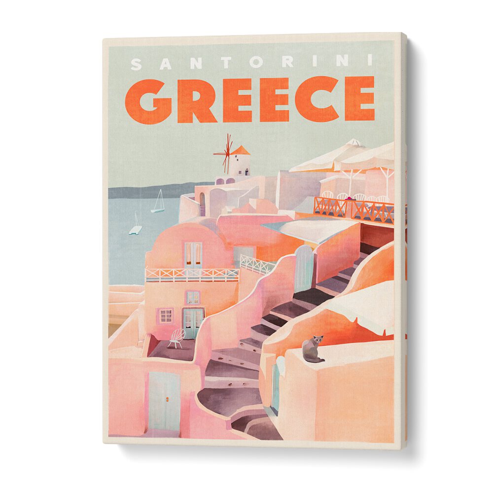 Vintage GREECE SANTORINI, TRAVEL POSTERS showcase the stunning beauty of Santorini with charming pastel colors.