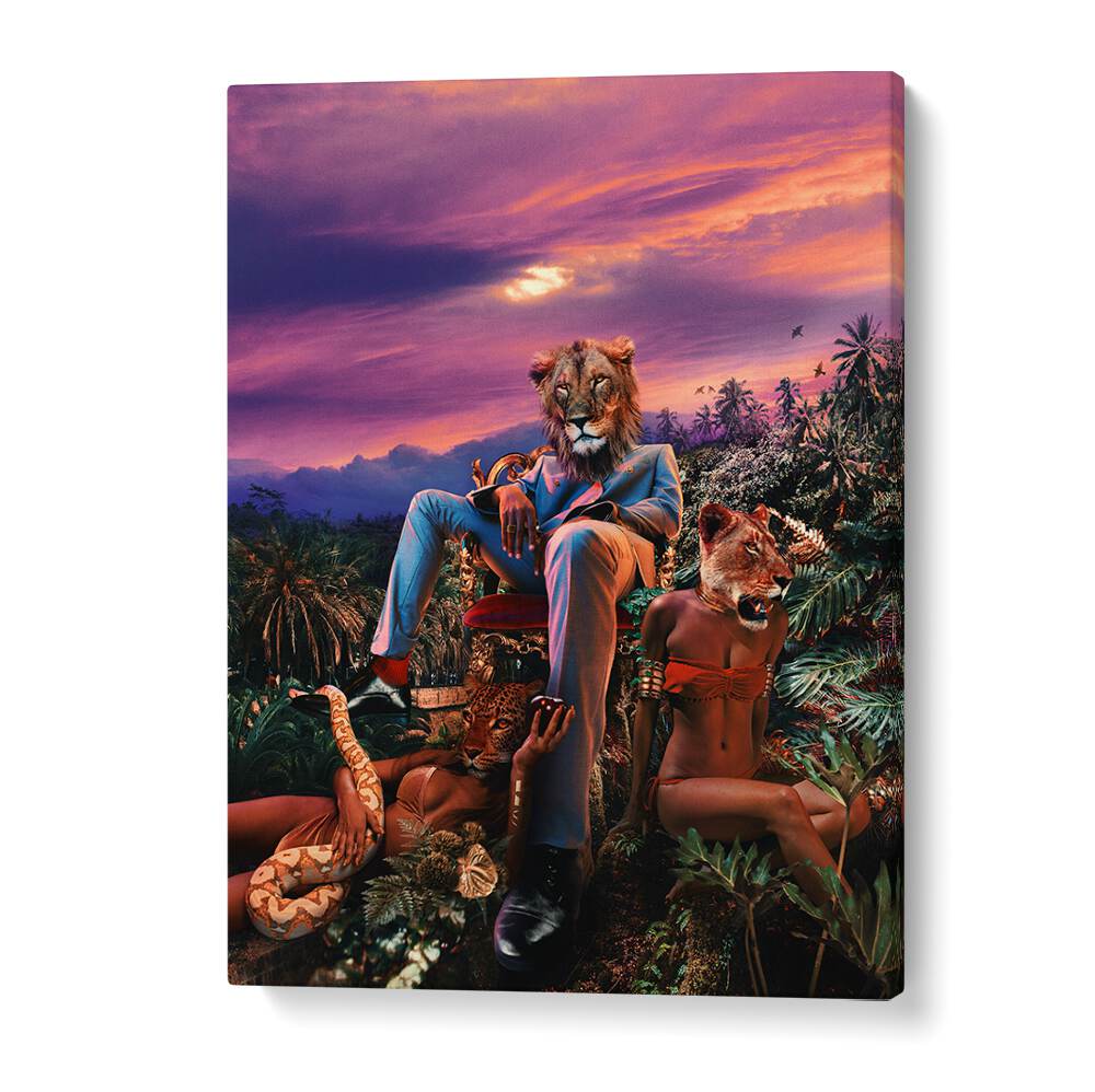 Whimsical ANIMAL MAFIA, ALTERED ART PRINTS featuring a lion and vibrant jungle scenery, perfect for art lovers.