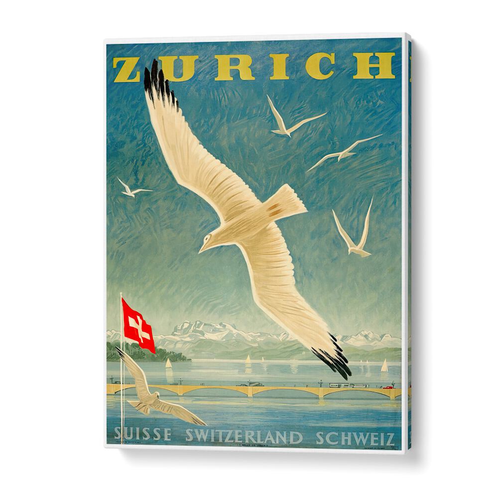 Stunning ZURICH, VINTAGE TRAVEL POSTERS featuring a soaring bird and Swiss landscapes, perfect for home decor.