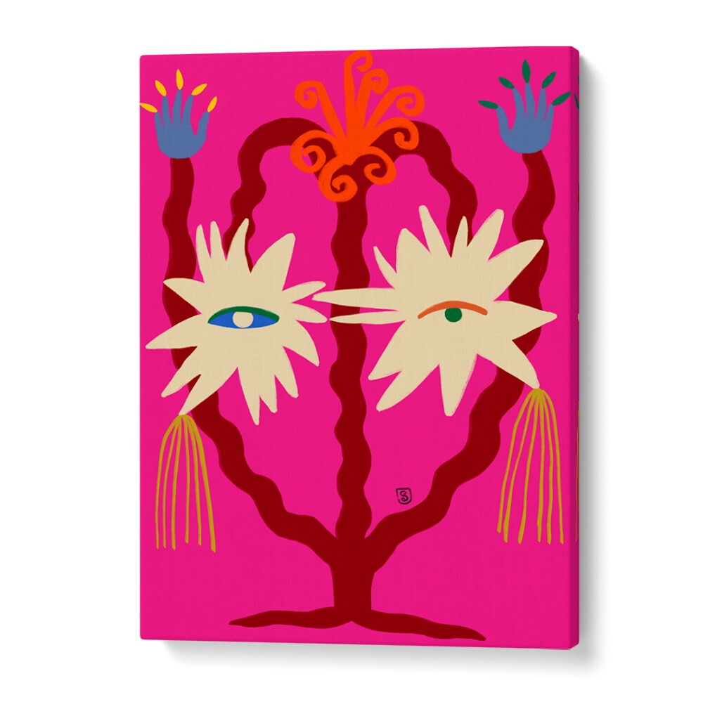 Colorful art print featuring vibrant flowers and eyes, perfect for a lively space. Looking Forward, Vibrant design.