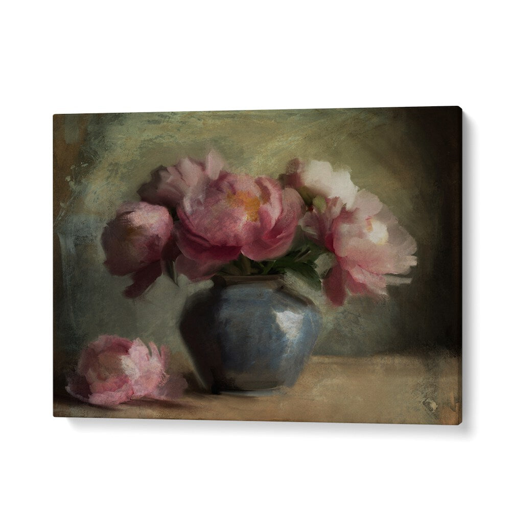 Delicate pink peonies in a blue vase, showcasing PIVOINES EN ROSE, FLORAL FLOWER PAINTINGS for elegant decor.
