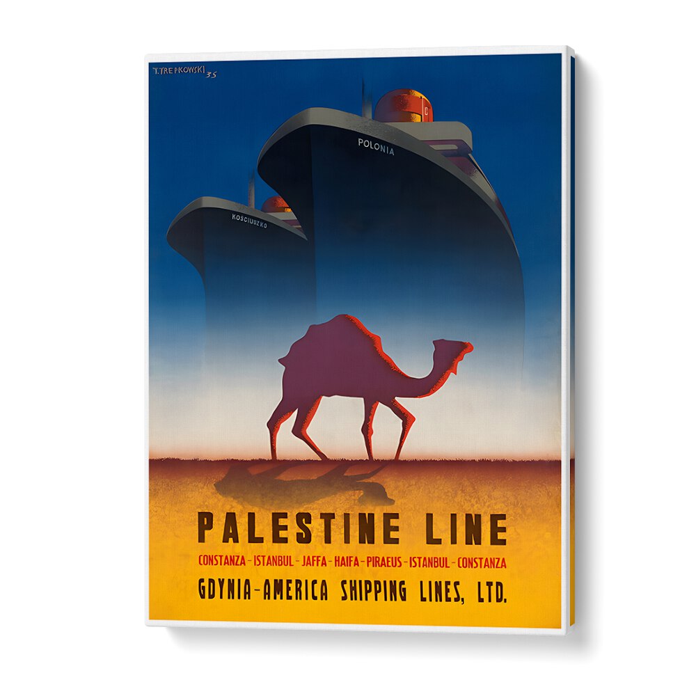 Explore the charm of PALESTINE, VINTAGE TRAVEL POSTERS featuring a camel against striking ship silhouettes.
