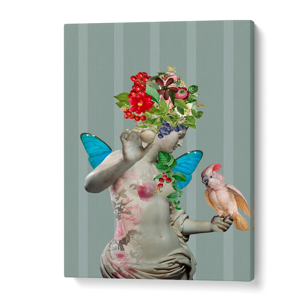 Stunning DELICATE WOMEN VII, ALTERED ART PRINTS featuring a floral statue, symbolizing femininity and resilience.
