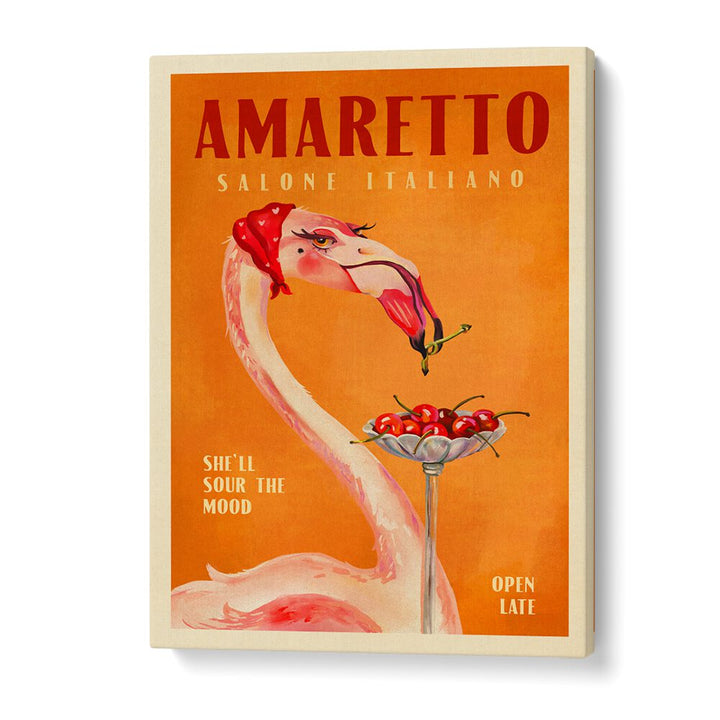 Vibrant Amaretto Flamingo art print, perfect for enhancing your bar or café decor with Italian culture elegance.