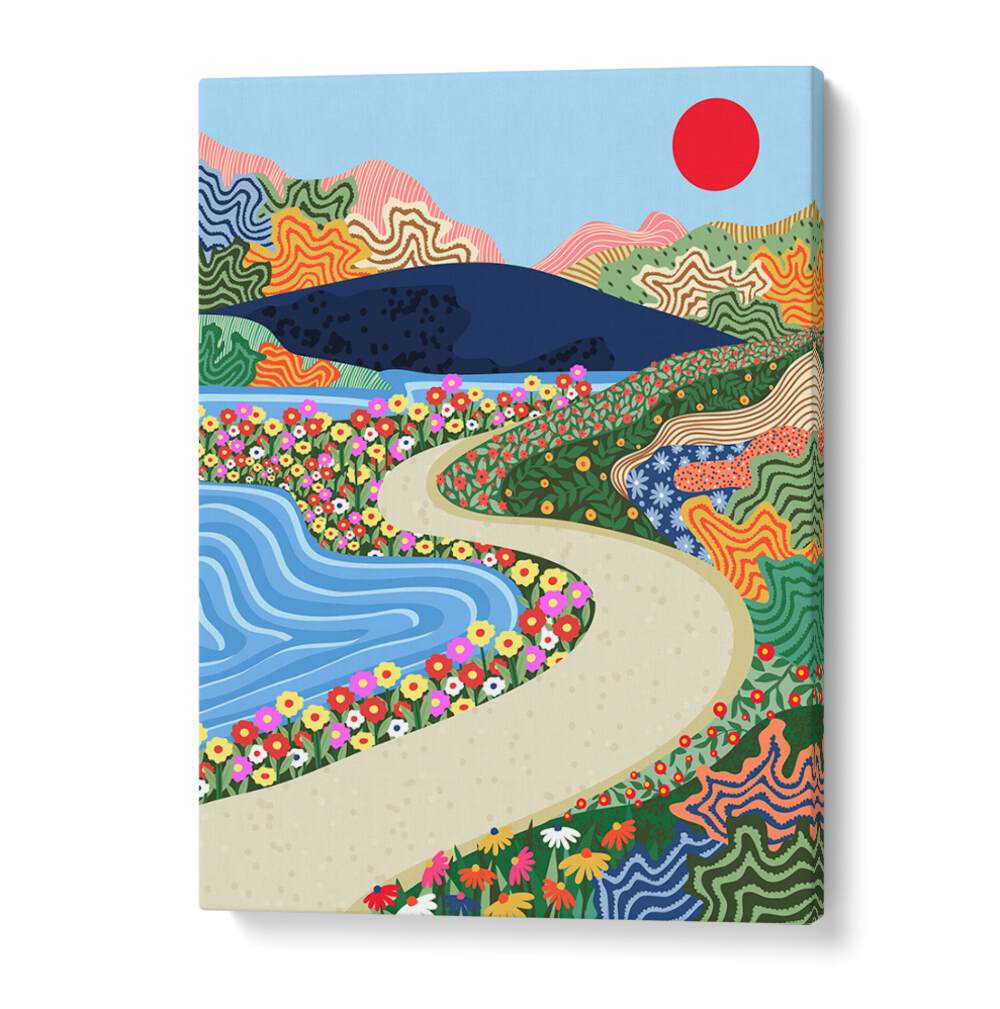 Vibrant SOOTHING HORIZON, LANDSCAPE PAINTINGS, featuring a serene path by a colorful floral landscape and tranquil water.