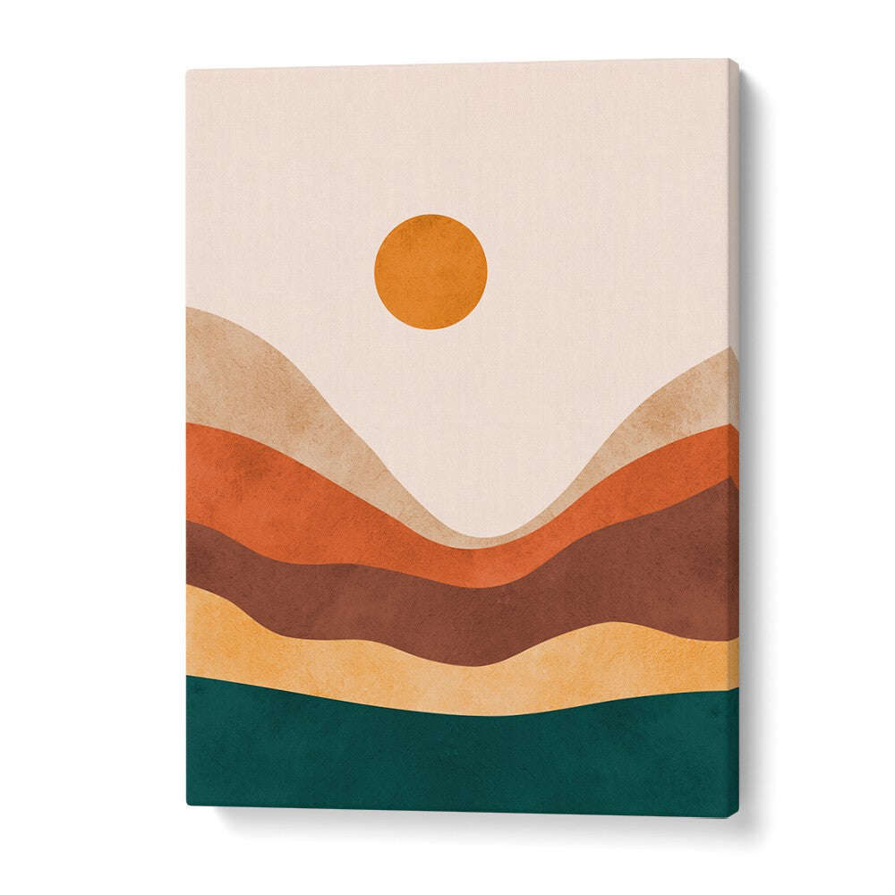 Vibrant WATERCOLOR, LANDSCAPE PAINTINGS showcasing abstract hills and a sun, perfect for enhancing any space.