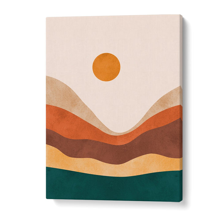 Vibrant WATERCOLOR, LANDSCAPE PAINTINGS showcasing abstract hills and a sun, perfect for enhancing any space.
