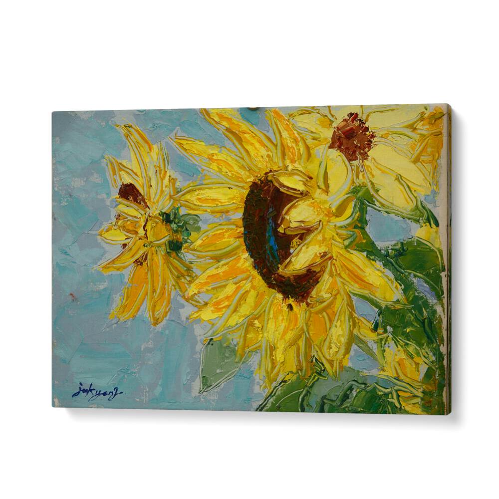 Vibrant SUN FLOWER CANVAS, FLORAL FLOWER PAINTINGS showcasing bold yellow sunflowers against a soft blue background.