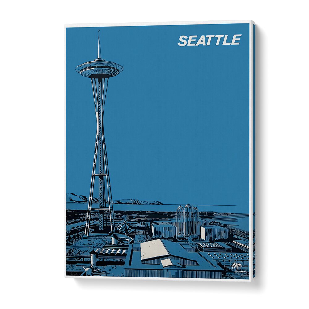 Seattle Vintage Travel Posters showcase the iconic Space Needle against a vibrant blue backdrop. Perfect for décor!