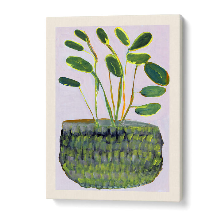 Bright green leaves in a woven pot capture nature's beauty in PLANT I, FLORAL FLOWER PAINTINGS for vibrant spaces.