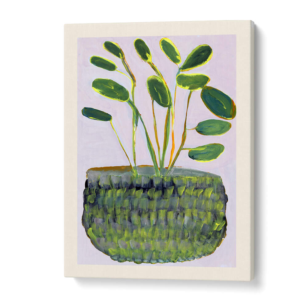 Bright green leaves in a woven pot capture nature's beauty in PLANT I, FLORAL FLOWER PAINTINGS for vibrant spaces.