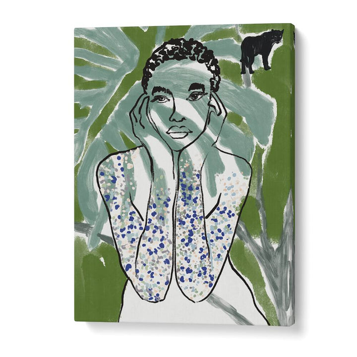 Vibrant JUNGLE ZONE, PORTRAITS artwork featuring a human figure amidst lush greens and bold patterns, perfect for art lovers.