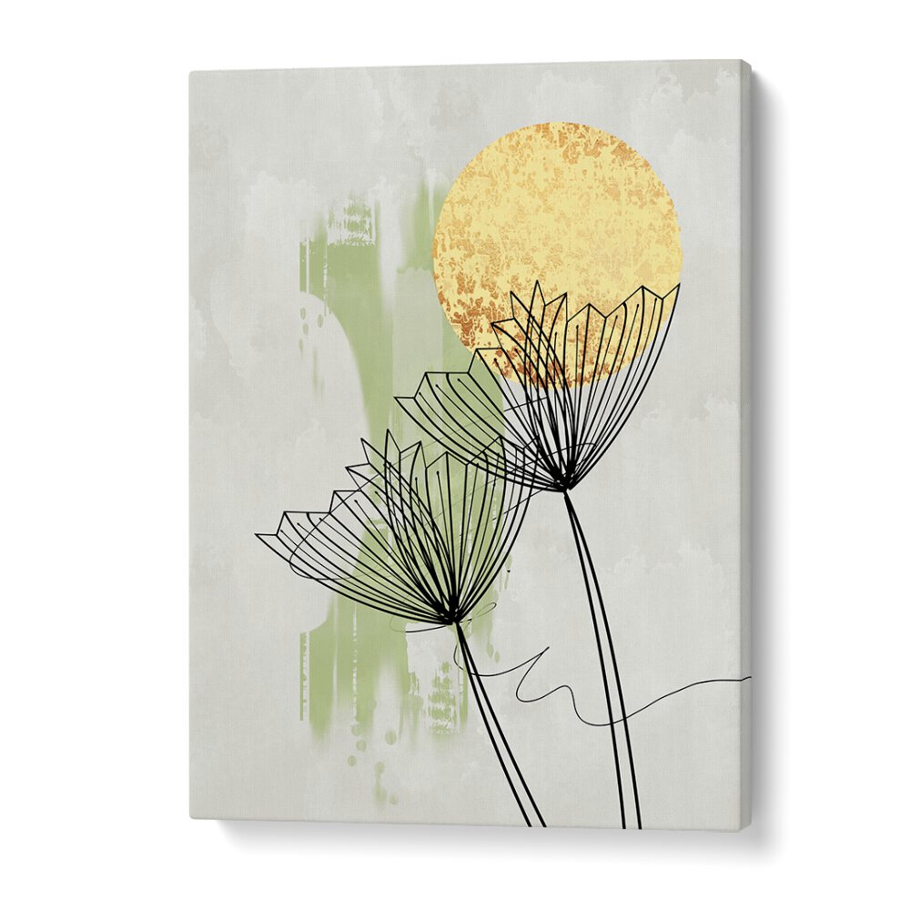 Stunning ABSTRACT BOTANICAL, FLORAL FLOWER PAINTINGS featuring elegant line art and a warm sun backdrop for modern decor.
