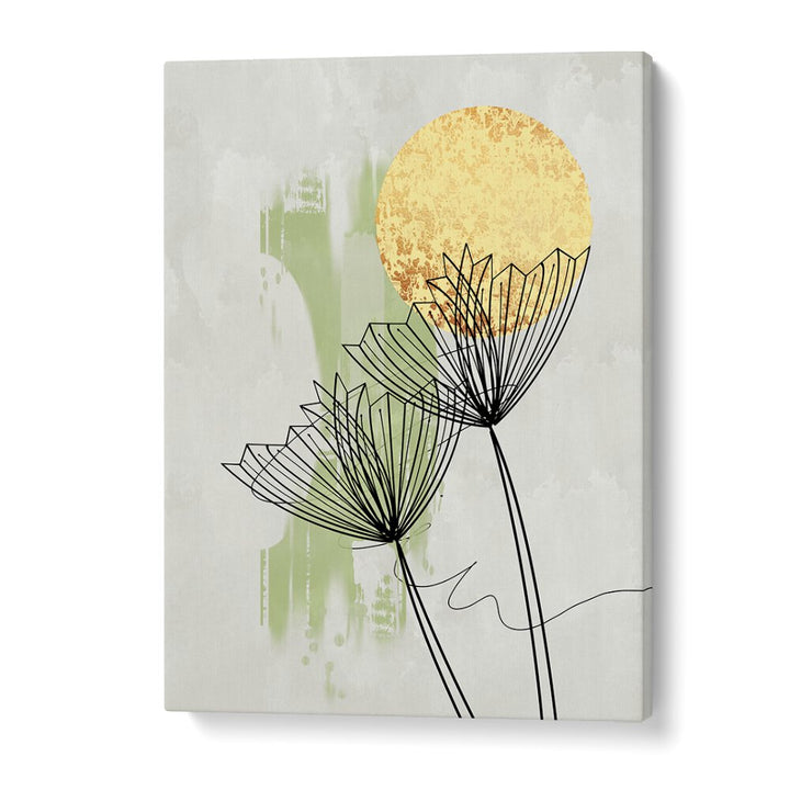 Stunning ABSTRACT BOTANICAL, FLORAL FLOWER PAINTINGS featuring elegant line art and a warm sun backdrop for modern decor.