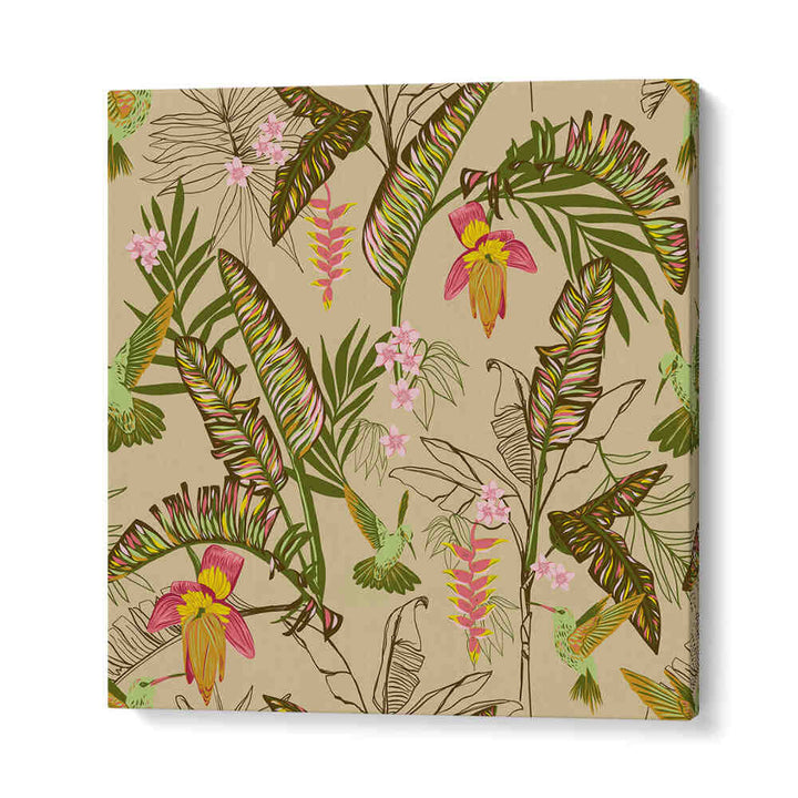 BANANA LEAVES AND HUMMINGBIRDS SAND , FLORAL FLOWER PAINTINGS