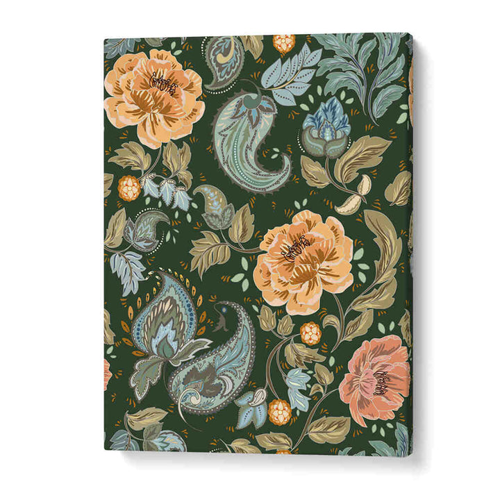 Elegant GOLDEN FOREST PATTERN II, PATTERN ART PRINTS featuring intricate floral designs on a rich green background.