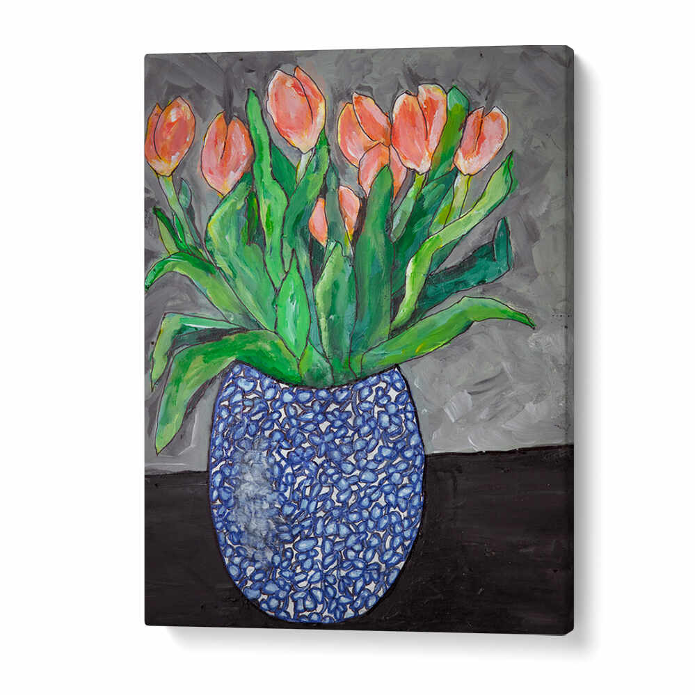 Vibrant tulips in a blue vase create a serene ambiance in TULIPS IN BLUE VASE I, FLORAL FLOWER PAINTINGS.