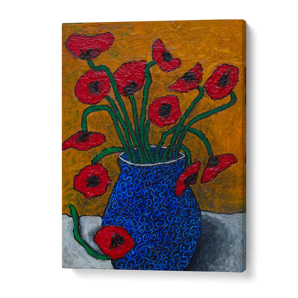 Vibrant POPPIES, FLORAL FLOWER PAINTINGS in a blue vase, perfect for enhancing your home decor's elegance and style.