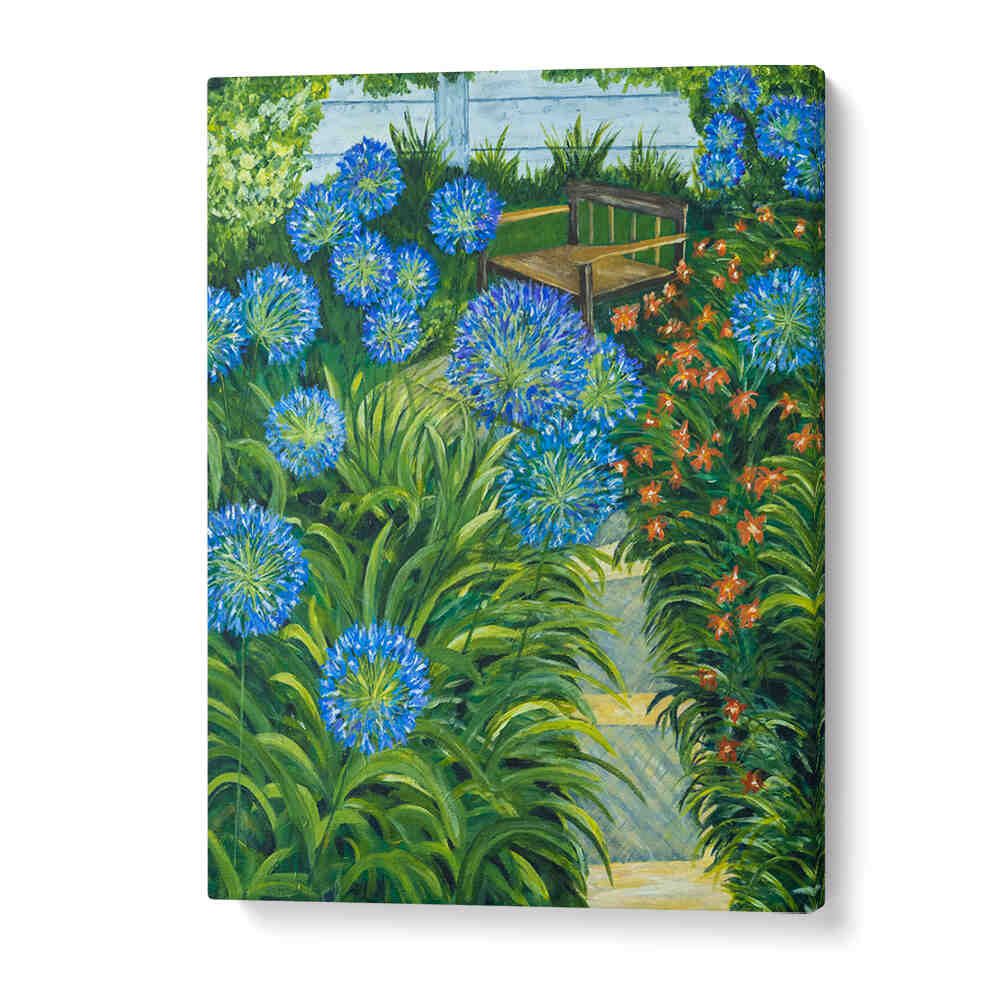 Vibrant PATHWAY, FLORAL FLOWER PAINTINGS showcasing lush flowers and a serene garden scene, perfect for home decor.