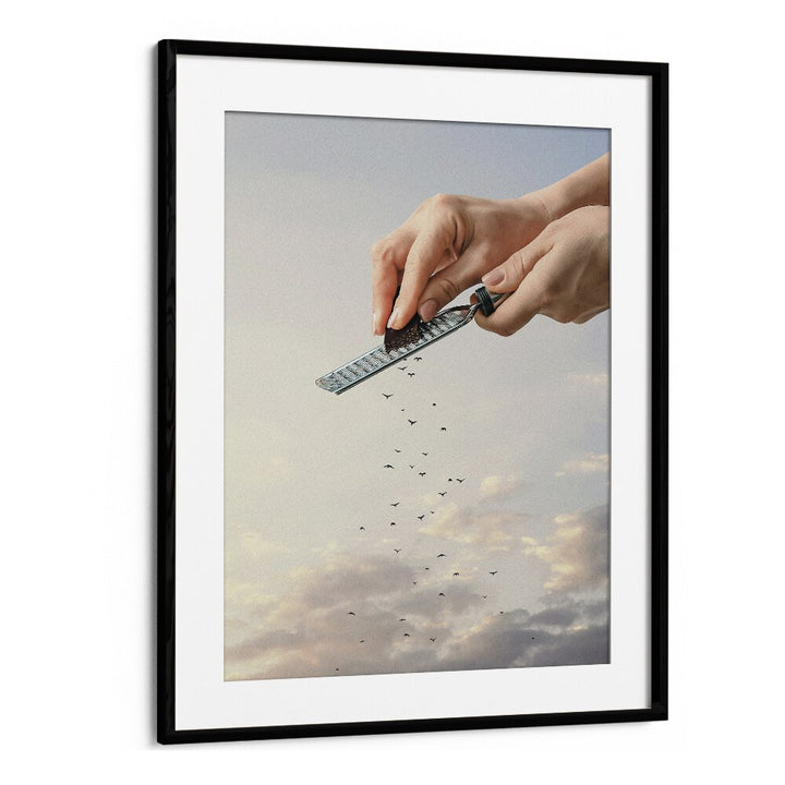 GARNISHED FLOCK, SURREAL ART PRINTS showcase hands releasing birds against a dreamy sky, perfect for transforming your space.