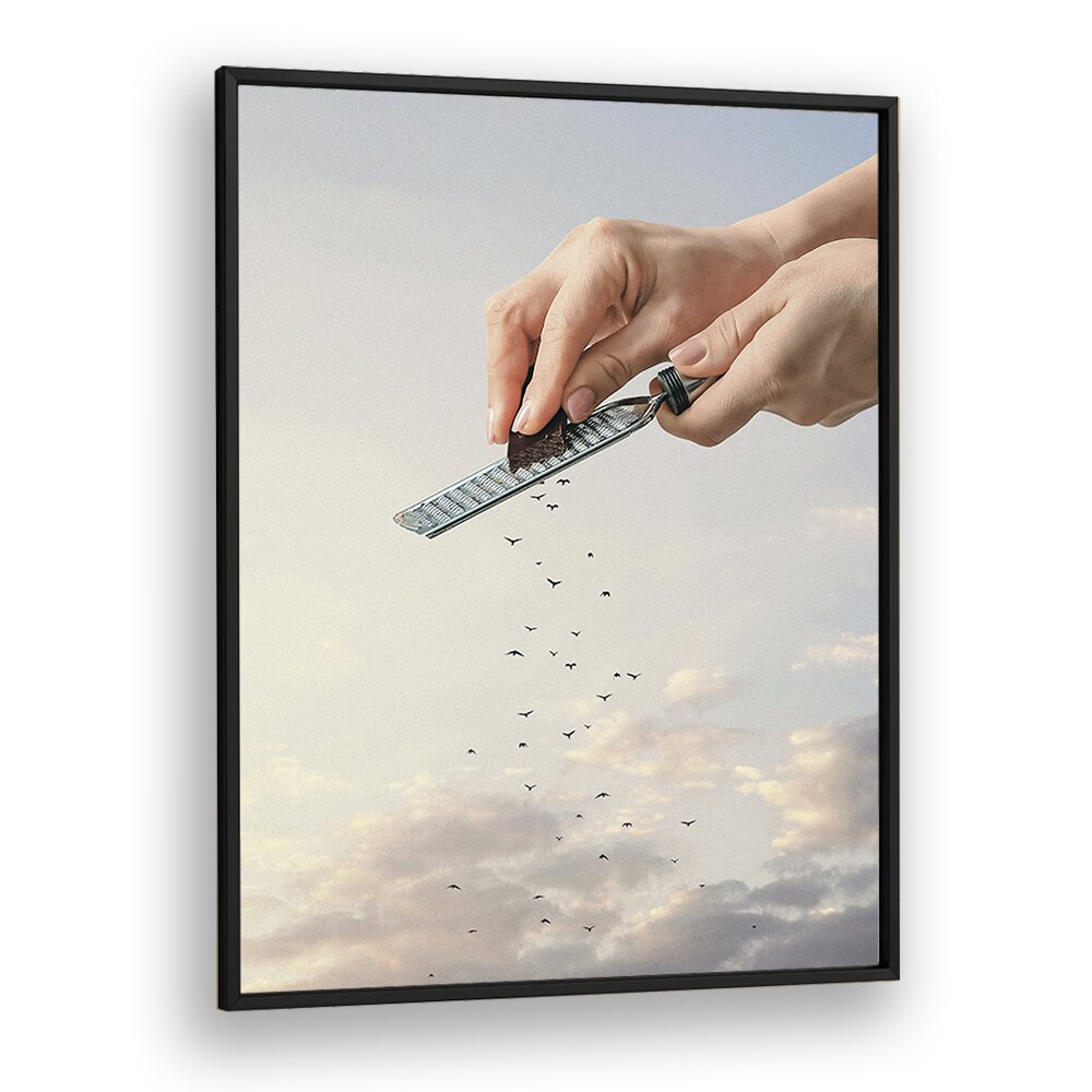 GARNISHED FLOCK, SURREAL ART PRINTS feature a hand pouring birds from a ruler, perfect for modern decor by Vertigo Artography.