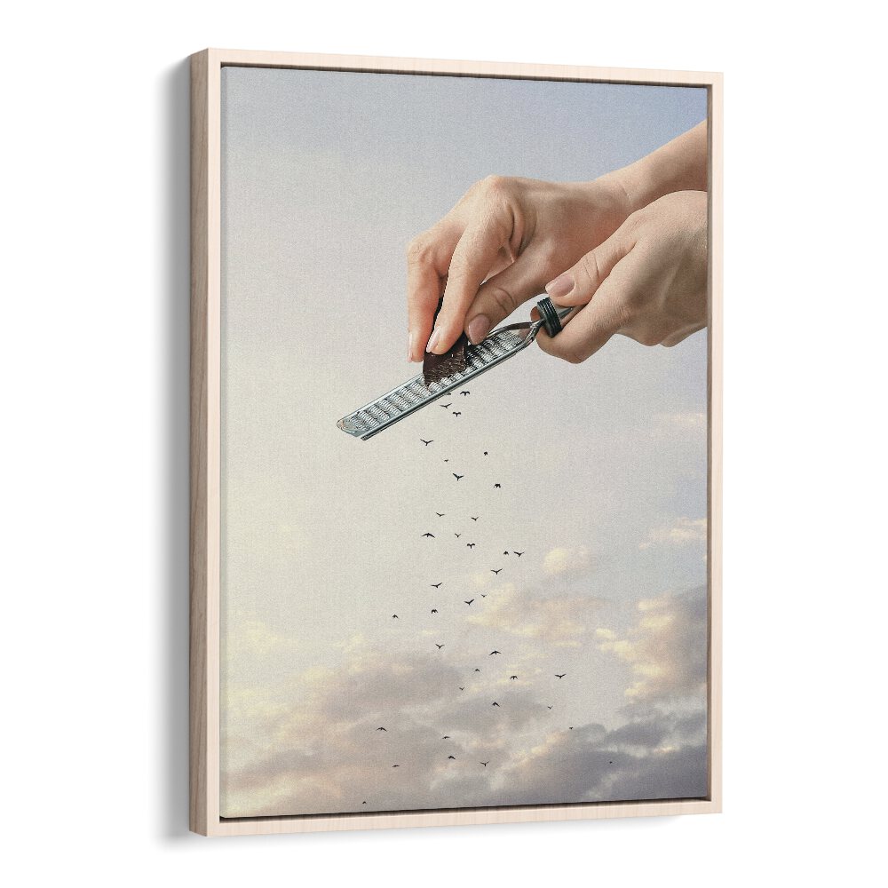 GARNISHED FLOCK, SURREAL ART PRINTS showcase hands releasing birds, perfect for transforming your space with Vertigo Artography.