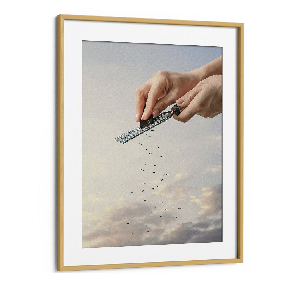 GARNISHED FLOCK, SURREAL ART PRINTS showcase enchanting surrealism in a stunning oak wood frame by Vertigo Artography.
