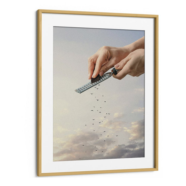 GARNISHED FLOCK, SURREAL ART PRINTS showcase enchanting surrealism in a stunning oak wood frame by Vertigo Artography.