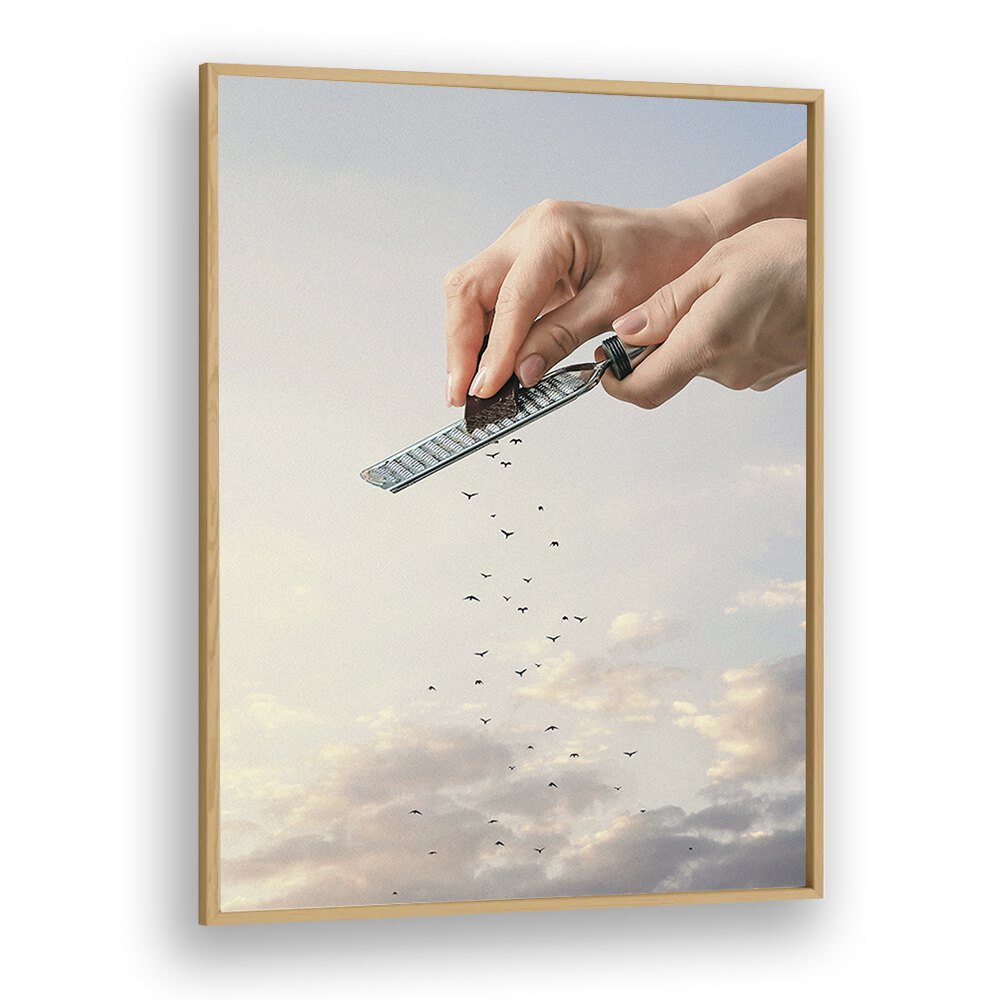 GARNISHED FLOCK, SURREAL ART PRINTS showcase a surreal scene with hands and flying birds, perfect for any art lover's space.
