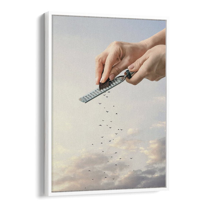 GARNISHED FLOCK, SURREAL ART PRINTS by Vertigo Artography showcase surreal hands releasing birds into a dreamy sky.