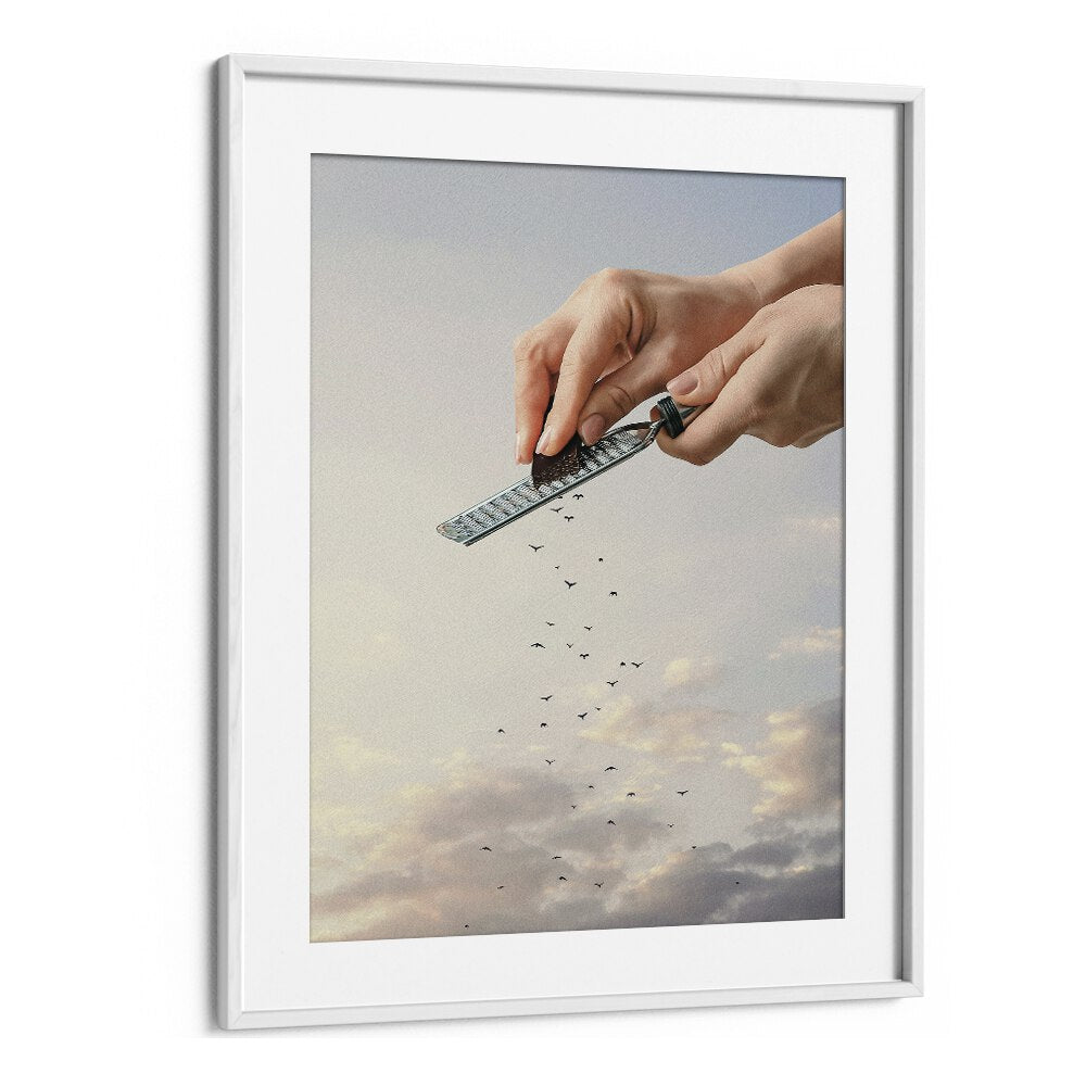 GARNISHED FLOCK, SURREAL ART PRINTS framed artwork showcasing hands releasing birds against a serene sky by Vertigo Artography.