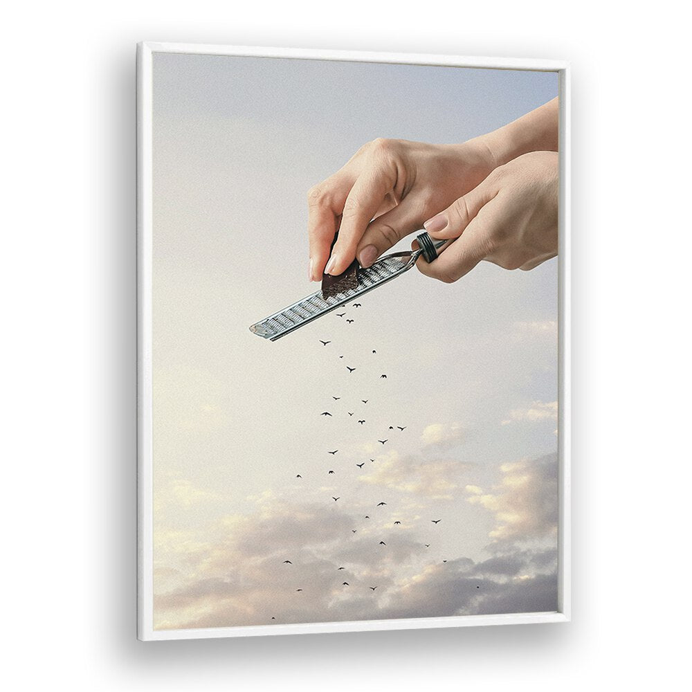 GARNISHED FLOCK, SURREAL ART PRINTS showcase hands sprinkling a surreal mix, perfect for transforming your space.