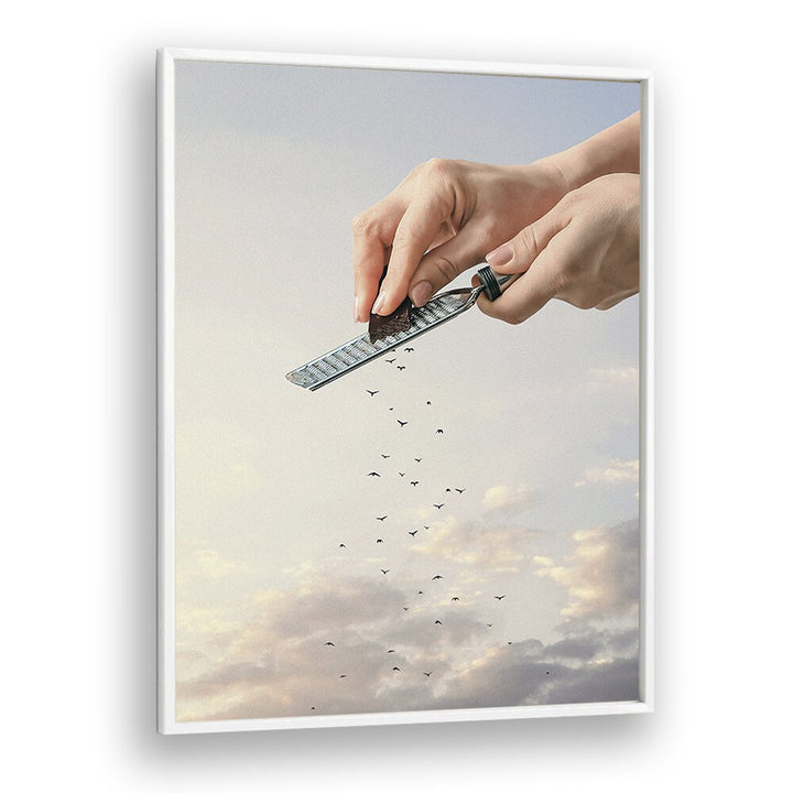 GARNISHED FLOCK, SURREAL ART PRINTS showcase hands sprinkling a surreal mix, perfect for transforming your space.