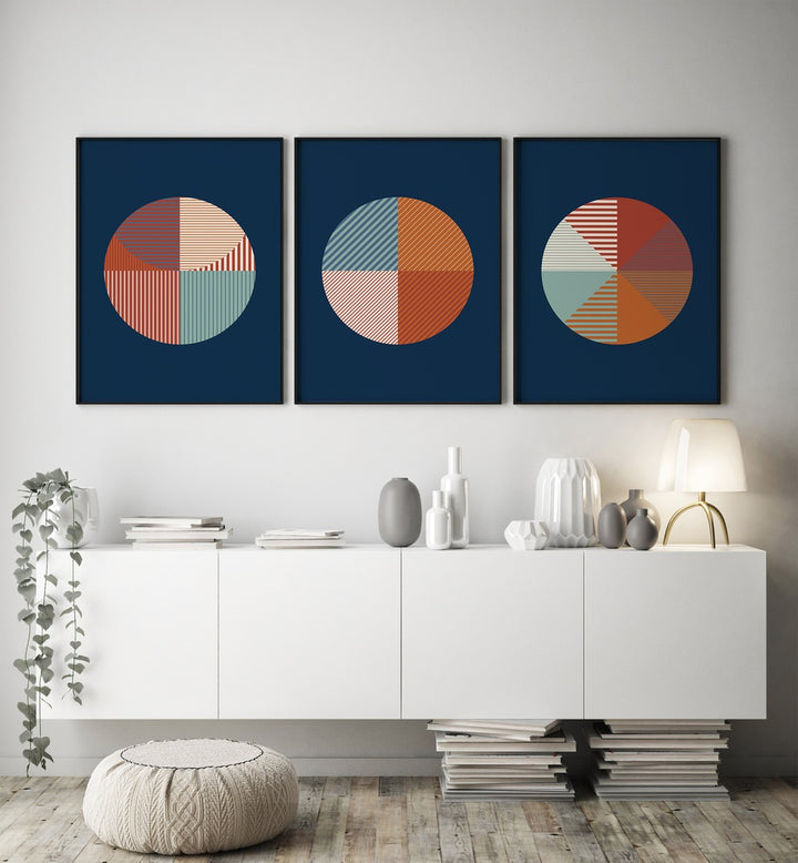 Enhance your home decor with the GEOMETRIC BLUE RUST SET, SET OF 3 PAINTINGS showcasing vibrant geometric designs.