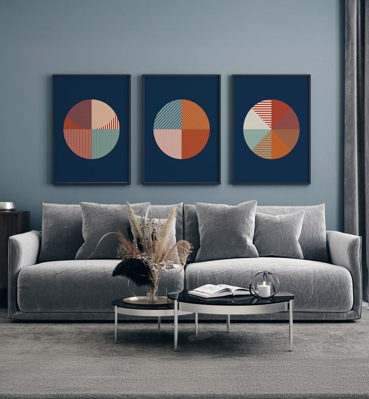 Transform your decor with the GEOMETRIC BLUE RUST SET, SET OF 3 PAINTINGS, featuring vibrant geometric patterns.