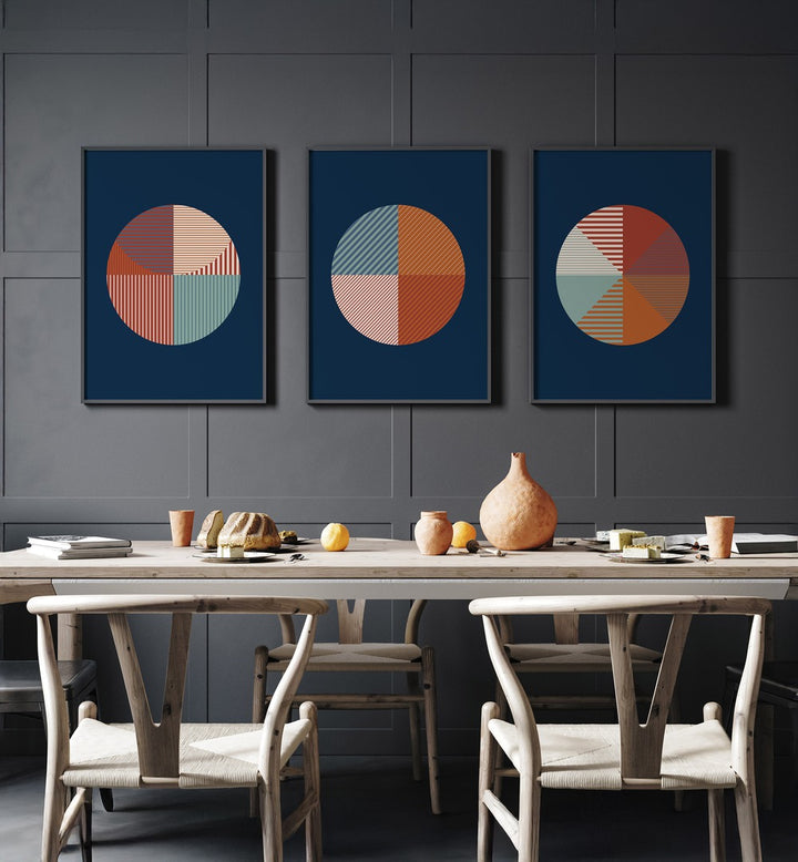 Enhance your decor with the GEOMETRIC BLUE RUST SET, SET OF 3 PAINTINGS featuring stylish geometric designs.
