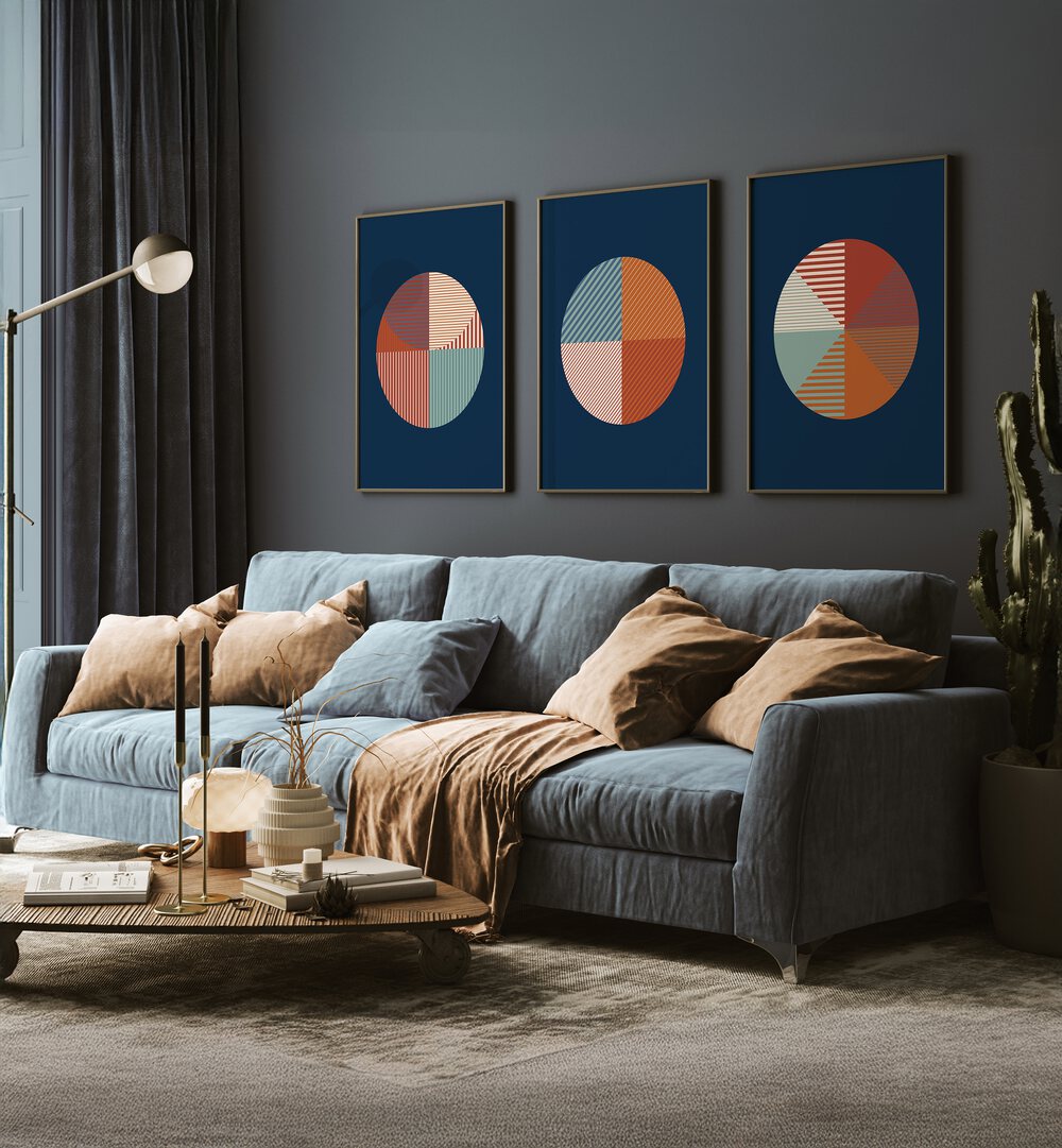 Stylish GEOMETRIC BLUE RUST SET, SET OF 3 PAINTINGS brightens contemporary living spaces with unique patterns.