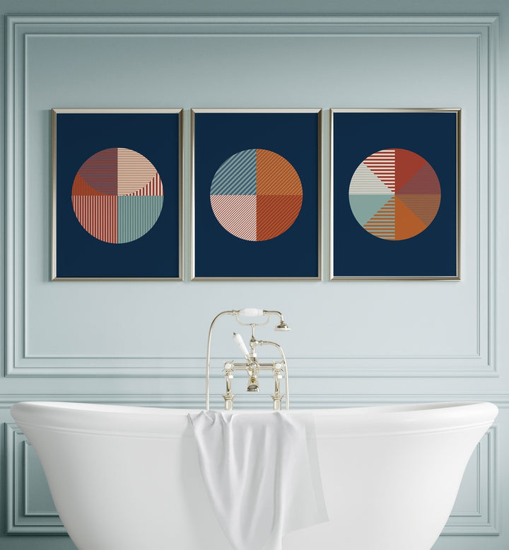 Elevate your decor with the GEOMETRIC BLUE RUST SET, SET OF 3 PAINTINGS, featuring vibrant geometric patterns.