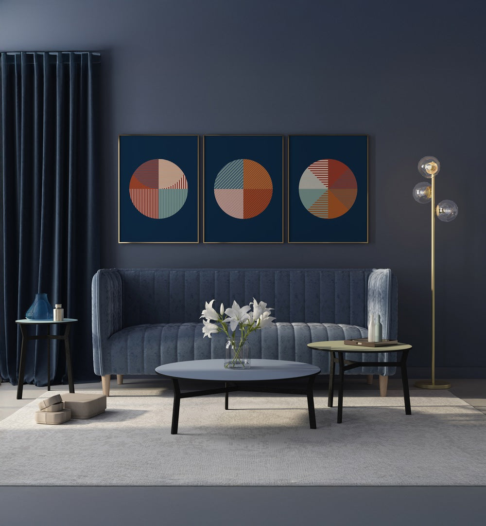 Transform your space with the GEOMETRIC BLUE RUST SET, SET OF 3 PAINTINGS featuring captivating patterns and tones.
