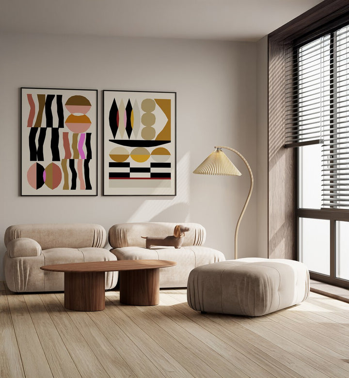 Elevate your decor with the GEOMETRIC FLOW SET, SET OF 2 PAINTINGS, showcasing modern abstract elegance.