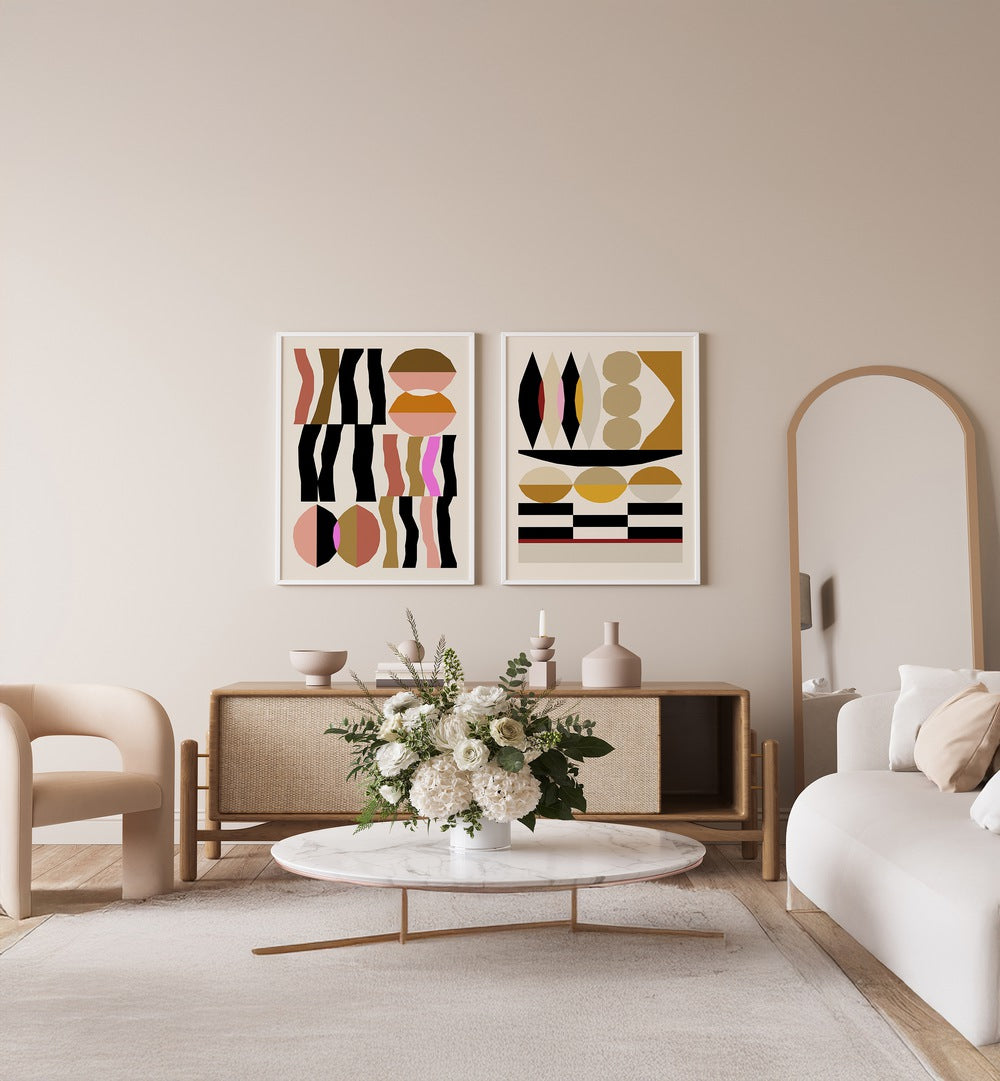 Enhance your decor with the GEOMETRIC FLOW SET, SET OF 2 PAINTINGS, showcasing modern abstract elegance.