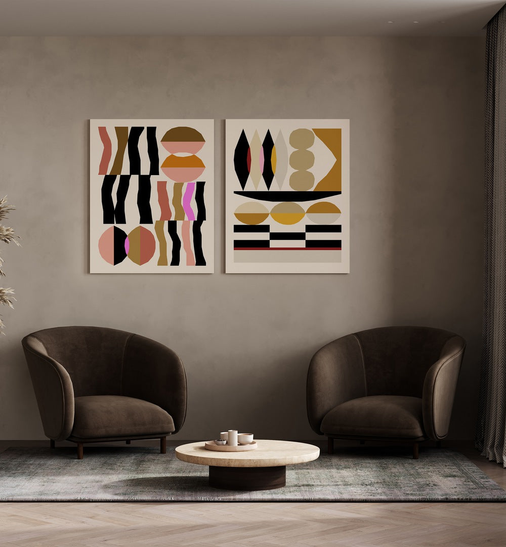 Enhance your decor with the GEOMETRIC FLOW SET, SET OF 2 PAINTINGS featuring modern abstract designs.